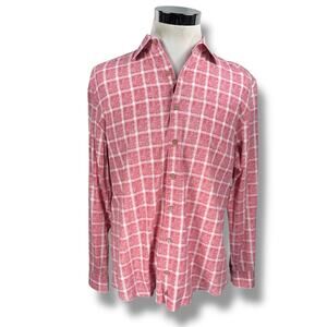 Johnnie O Hangin Out Shirt Men’s Large Red Pink Check Cotton Long Sleeve Button